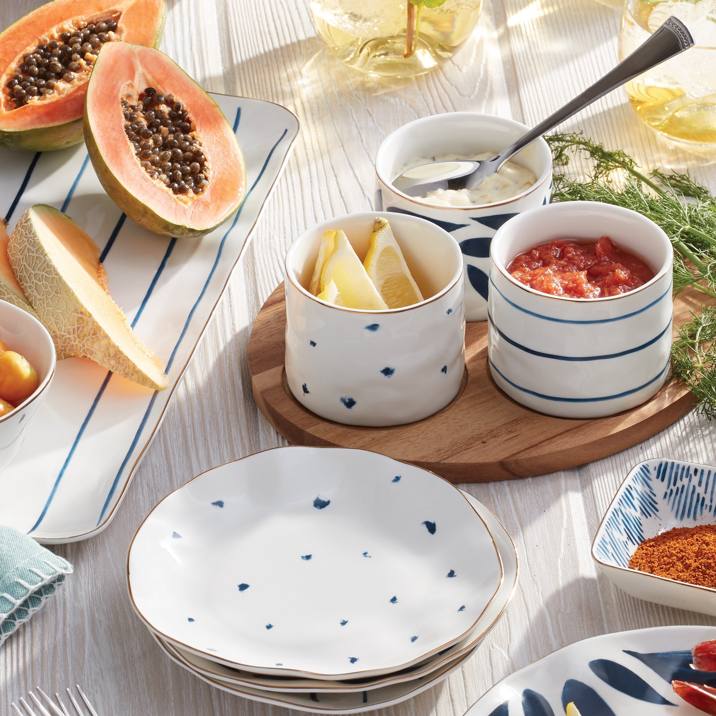 Lenox Premium Blue Bay Snack Bowls with Wood Tray, Set of 3 - Image 2
