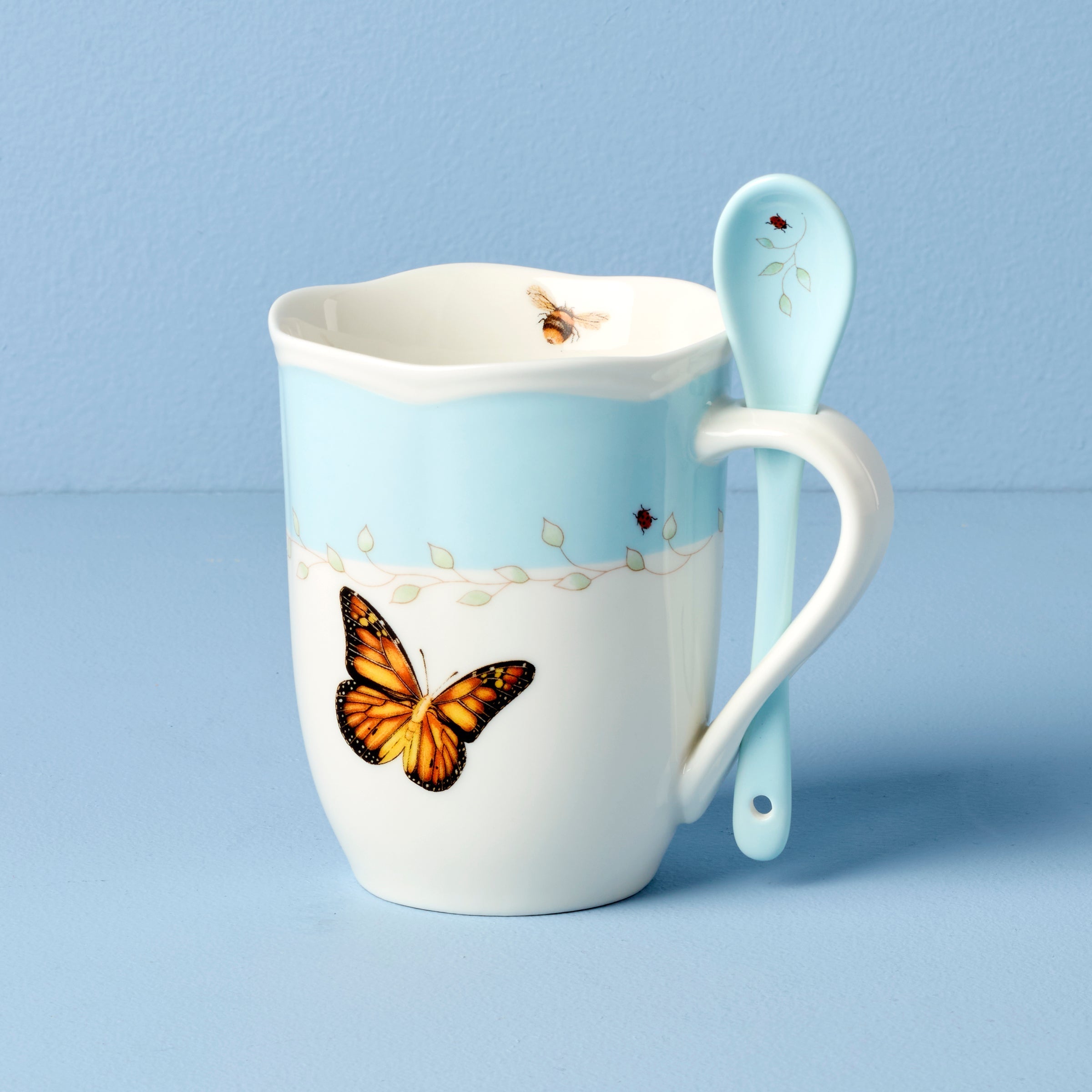 Lenox Premium Butterfly Meadow Blue Mugs with Spoons, Set of 2 - Image 3
