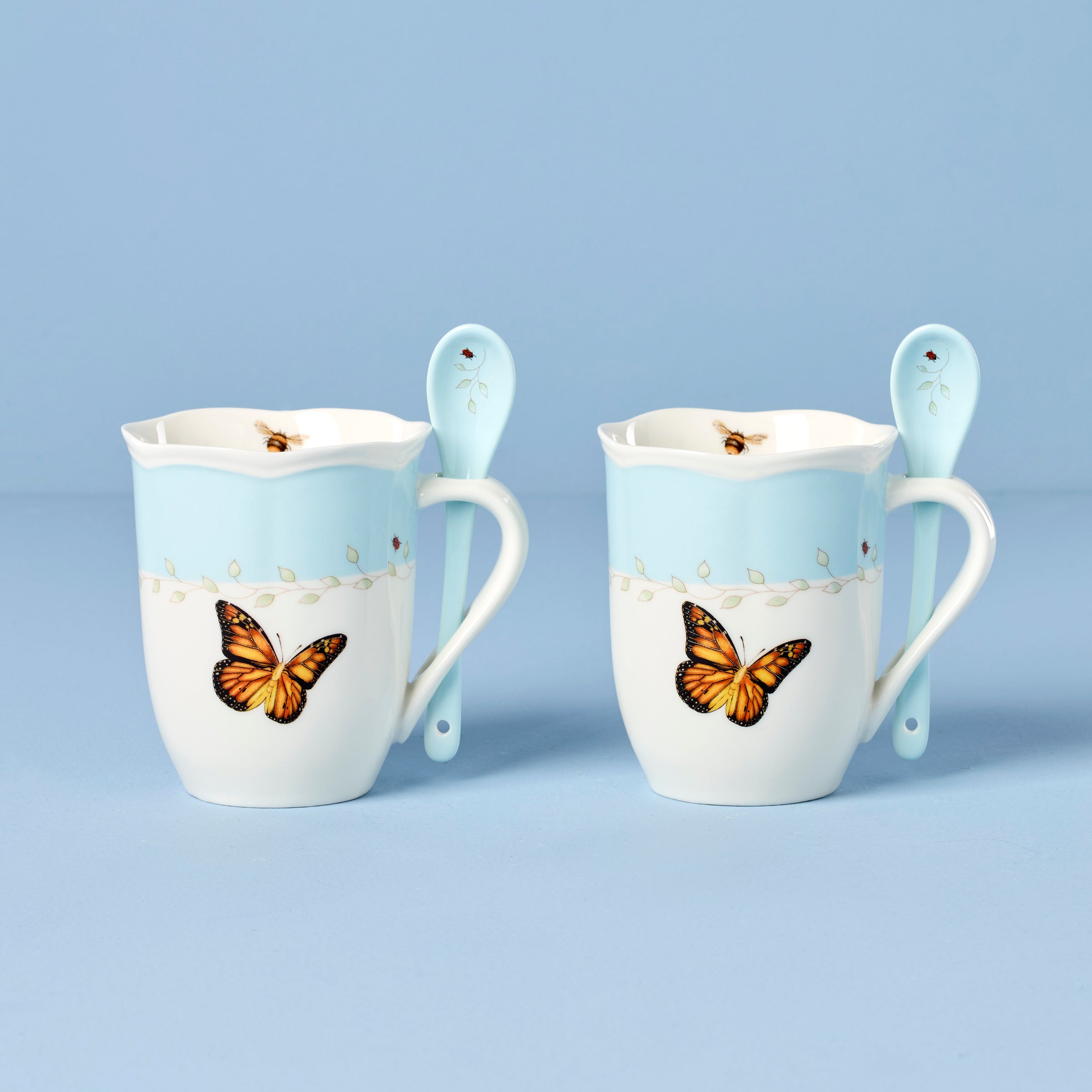 Lenox Premium Butterfly Meadow Blue Mugs with Spoons, Set of 2